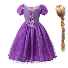 Костюм принцессы Рапунцель для девочек; вечерние платья до колена с короткими рукавами и бантом; одежда для дня рождения на Хэллоуин