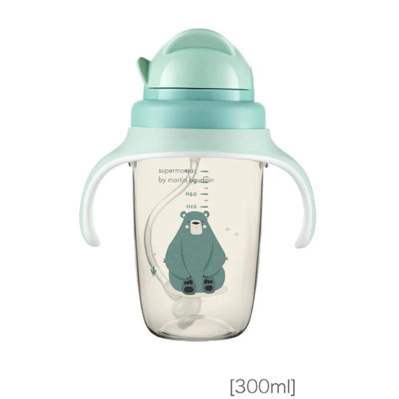 green 300ml 210 мл мультфильм животных детская чашка с соломинкой Тритан чашка питьевая вода бутылка с ручкой герметичная Младенческая Кормление тренировочные чашки Сиппи чашка для ребенка школа детский сад 300 мл - Цвет: green 300ml