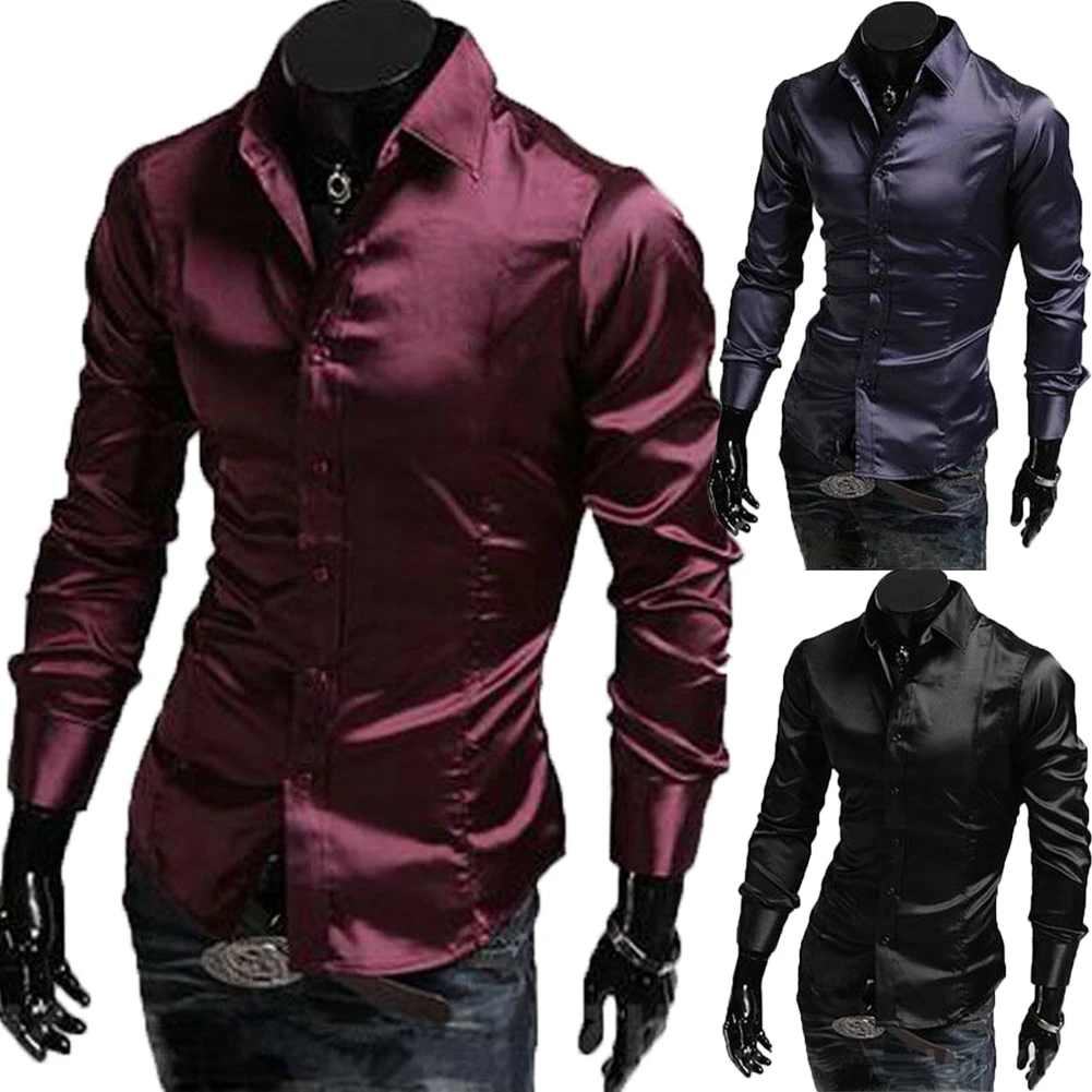 Новинка, Мужская однотонная шелковая рубашка, M, L, XL, 2XL, 3XL, с длинным рукавом, 3 цвета, повседневные официальные рубашки размера плюс