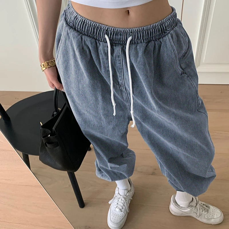 

Drawstring Baggy High Waisted Blue Mom Woman jeans Sweatpants 2020 Wide Trousers y2k Pants Joggers Women femme Streetwear capri
