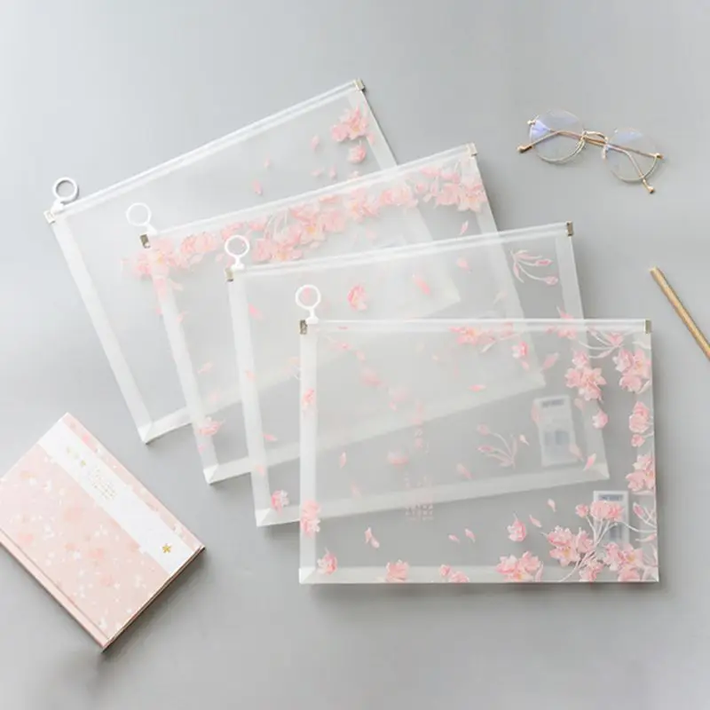

4pcs Cherry Blossoms A4 Transparent Document Bag Pouch File Storage Filing Organizer Waterproof Stationery Case Office Supplies