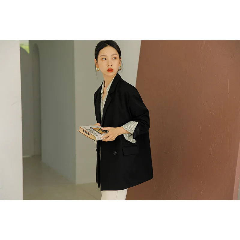 

2019 Autumn New Style South Korea CHIC Casual Loose-Fit Fold-down Collar off-Shoulder Online Celebrity Double Breasted Suit Jack