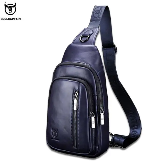 BULLCAPTAIN Fashion Genuine Leather Crossbody Bags Men Brand Small Male Shoulder Bag Casual Men's Music Chest Bags Messenger Bag - Цвет: blue Hardware