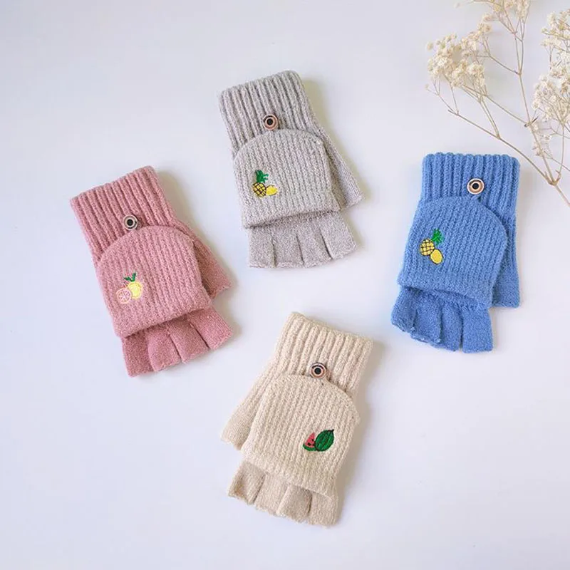 

New Winter Women Mittens Soft Half Finger Cover Fruit Knit Warm Fingerless Gloves Outdoor Gloves for Boys Girls Blue Pink Beige