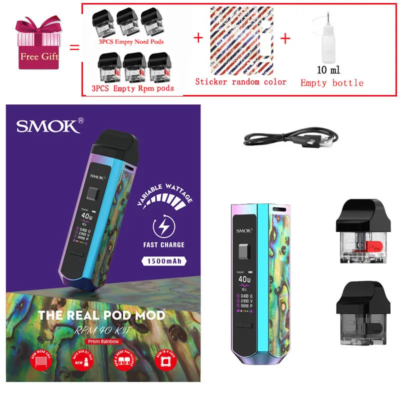 SMOK RPM40 Pod Комплект Vape 40 Вт 1500 мАч батарея 4,3 мл бак RPM сетка 0.4ohm 4,5 мл Nord Pod электронная сигарета испаритель - Цвет: Prism Rainbow