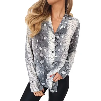 

Fashion Vintage Snake Print Blouses Casual Loose V-neck Lapel Shirt Long Sleeve Women Blouses