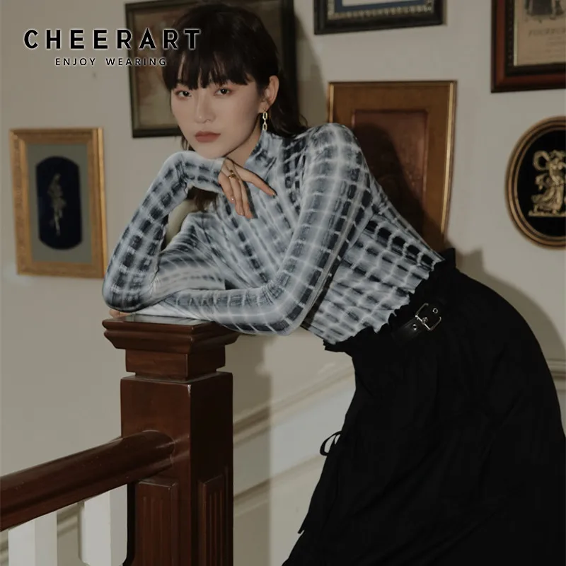 Футболка CHEERART с принтом тай-дай Топ длинным рукавом и высоким воротником