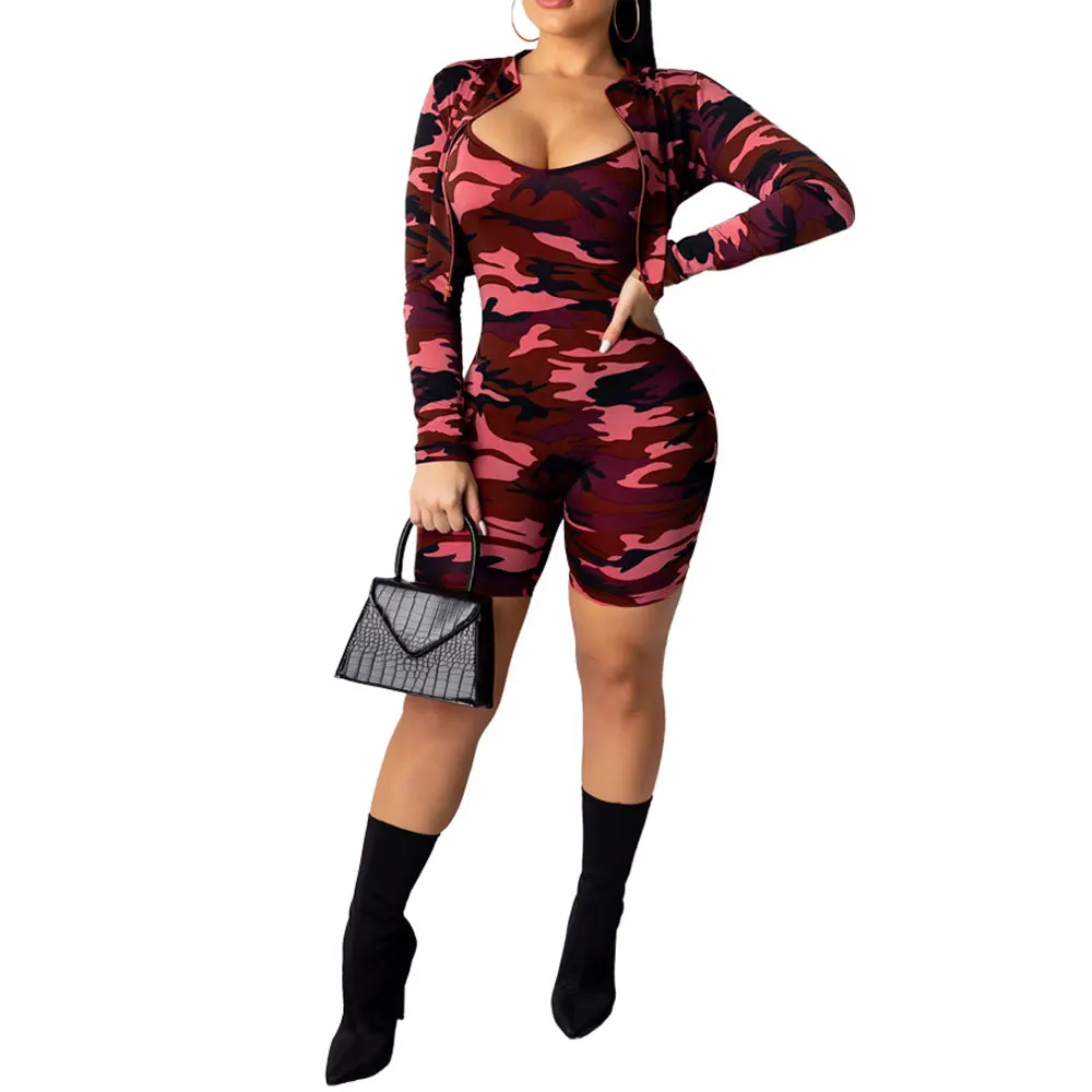 Feelovely армейский зеленый/красный/синий камуфляж печатных мода женщина Bodycon комбинезон комплект с длинным рукавом куртка онлайн