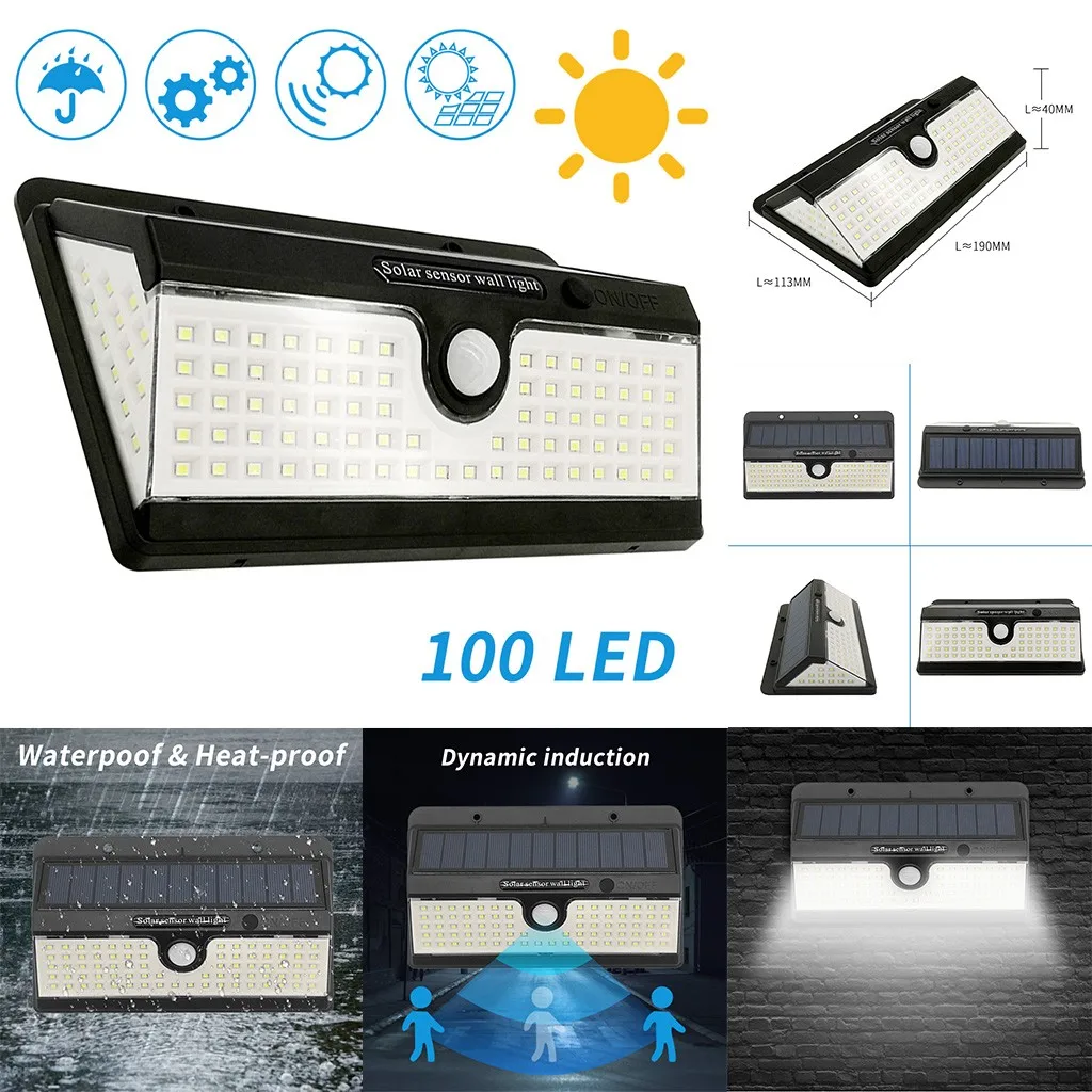 

Super Bright LED 100 Solar Lights Outdoor 3 Modes Wireless PIR Motion Sensor Garden Solar Lamp Waterproof Security Lights