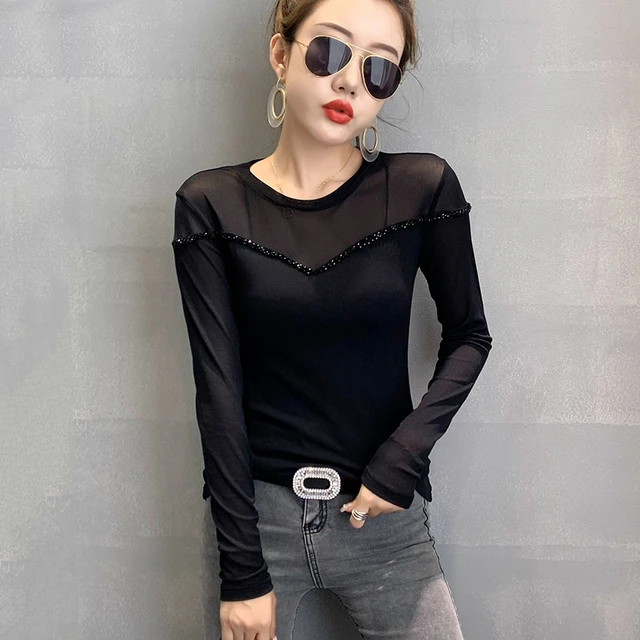 Hot Fashion Women Clothes Tops Transparent Slim Shirts Girls Hollow Mesh  Net T-Shirt Solid Black Long Sleeve Tee Summer - AliExpress