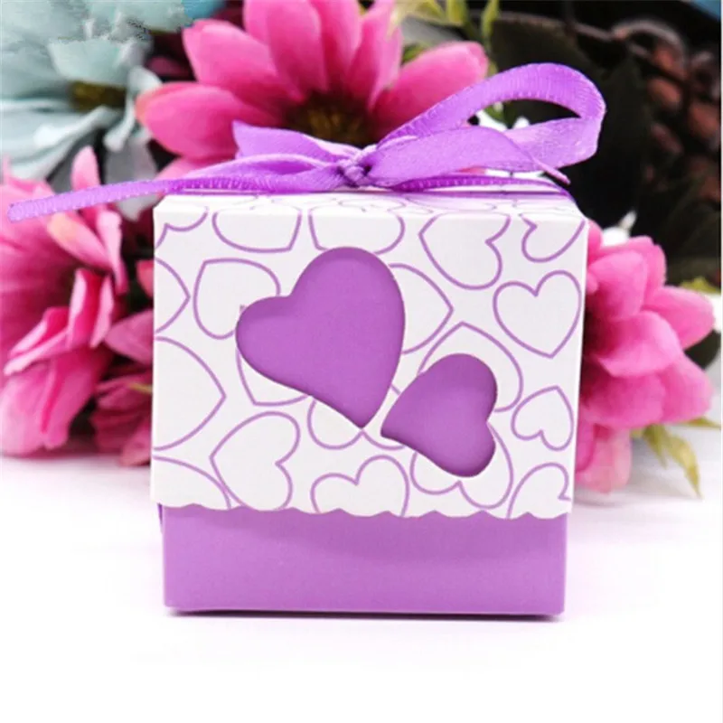 

50 pcs/pack double love heart hollow laser design candy boxes wedding cut Favor sweet gifts with ribbon party supply