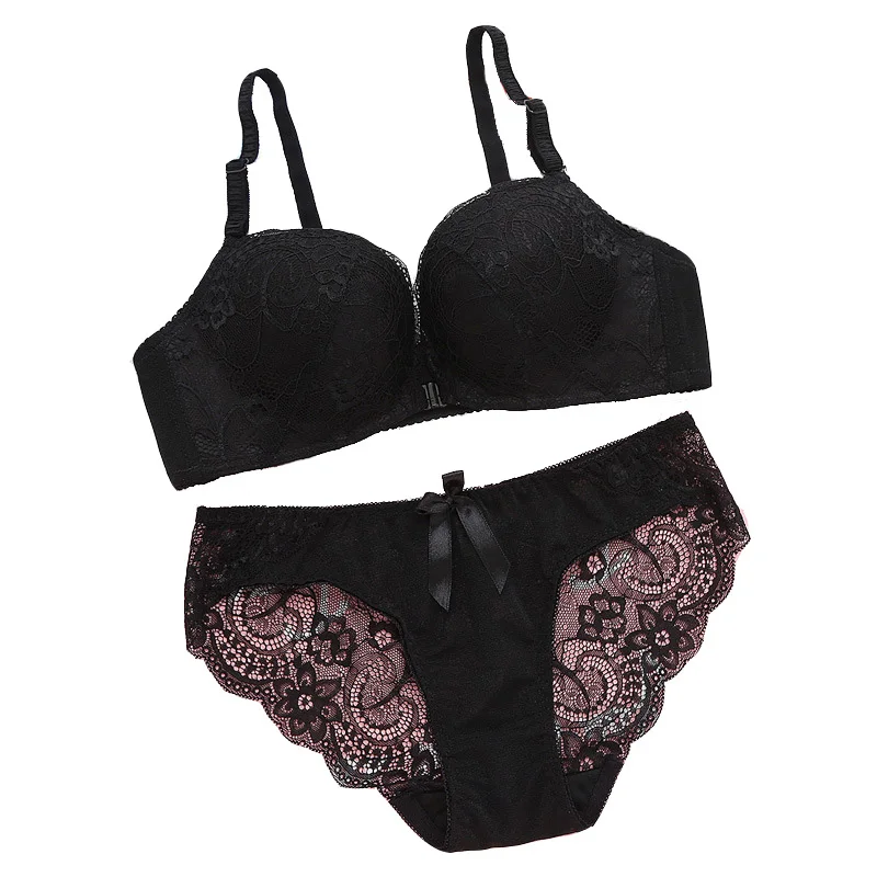 Black Set Застежка спереди кружевной бюстгальтер без косточек для Для женщин девушек с маленькой грудью, добавьте 2 чашки бюстгальтера бюстгальтер с эффектом пуш ап сексуальный Красота обратно Нижнее белье; мягкие и удобные нижнее белье - Цвет: Black Set