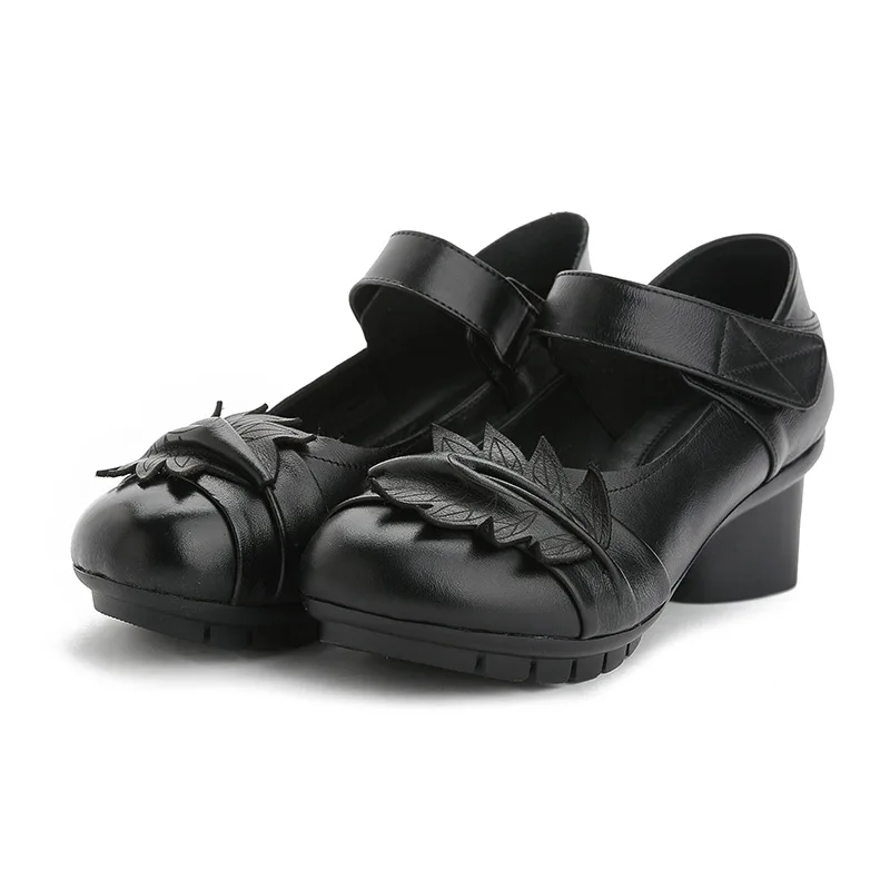 

2018 Flower Cherish Month Ethnic-Style Casual WOMEN'S Genuine Leather Shoes Chunky-Heel Mom Shoes