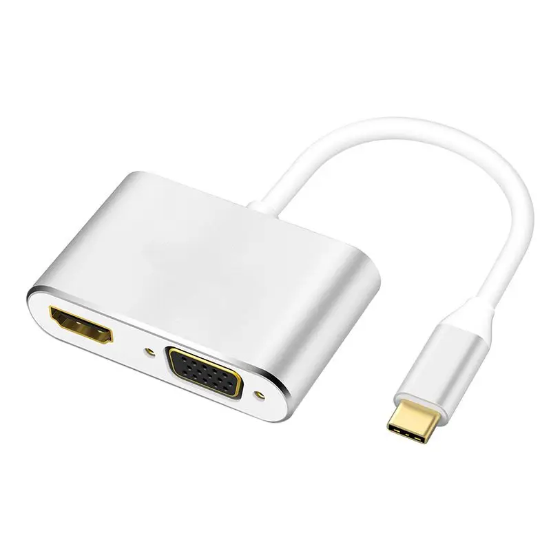Алюминиевый сплав USB3.1 два в одном совместимый type-c к HDMI VGA адаптер высокой четкости соединительный кабель EP чип - Цвет: White