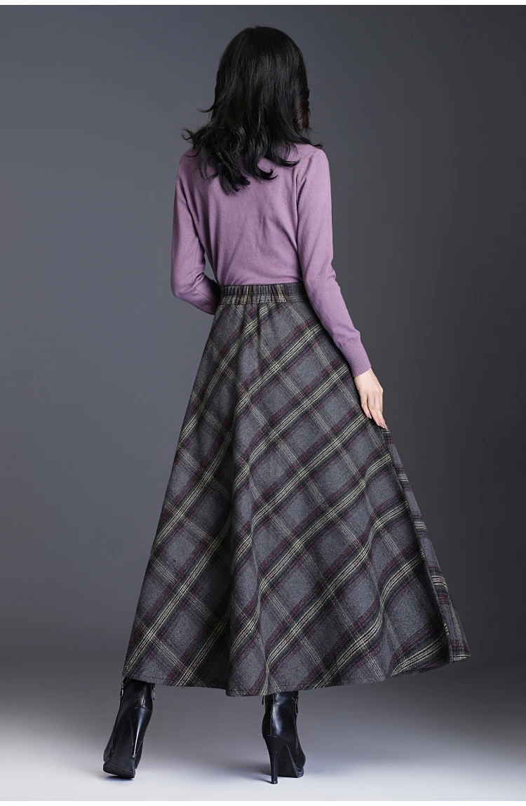 Осенняя шерстяная юбка макси для женщин faldas mujer moda зима размера плюс 3XL элегантная Высокая талия клетчатая ткань длинная одежда EE698