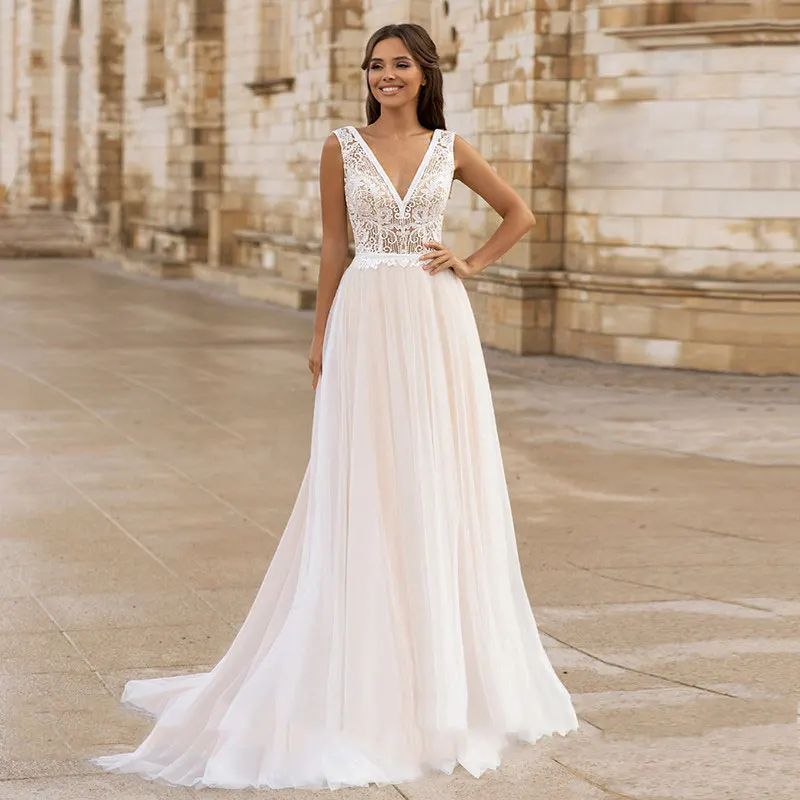 Bohemian Wedding Dresses 2021 For Tulle V-Neck Backless Bride Dress Bridal Gowns Vestido Novia Civil Robe De Mariee - AliExpress Mobile