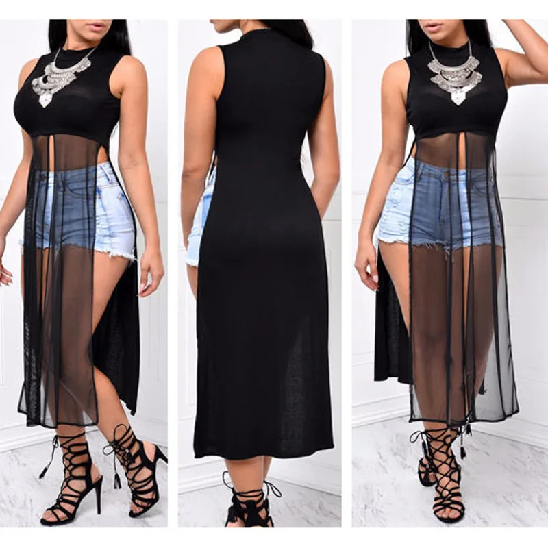 2018 женское черное Сетчатое платье для ночного клуба без рукавов дамское