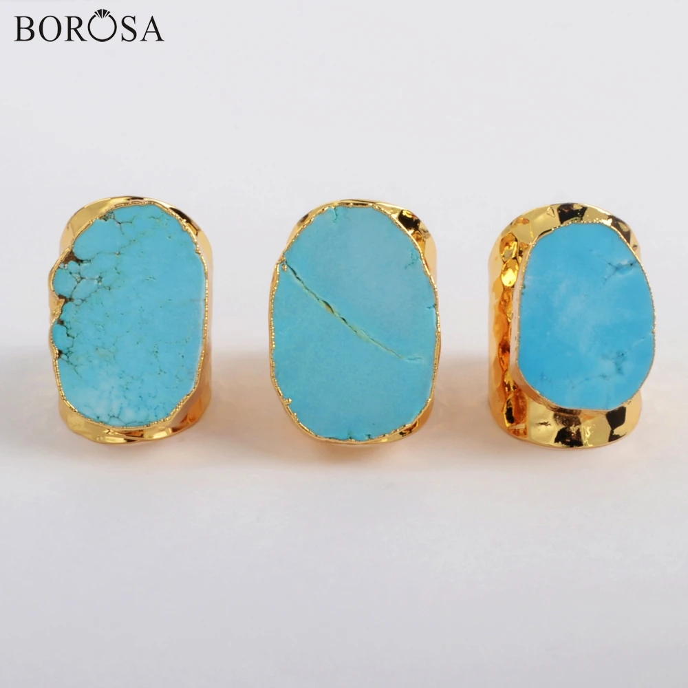 

BOROSA Bohemian Blue Howlites Women Rings Gold Plating Freeform Turquoises Band Rings Natural Stones Boho Ring Jewelry G0208