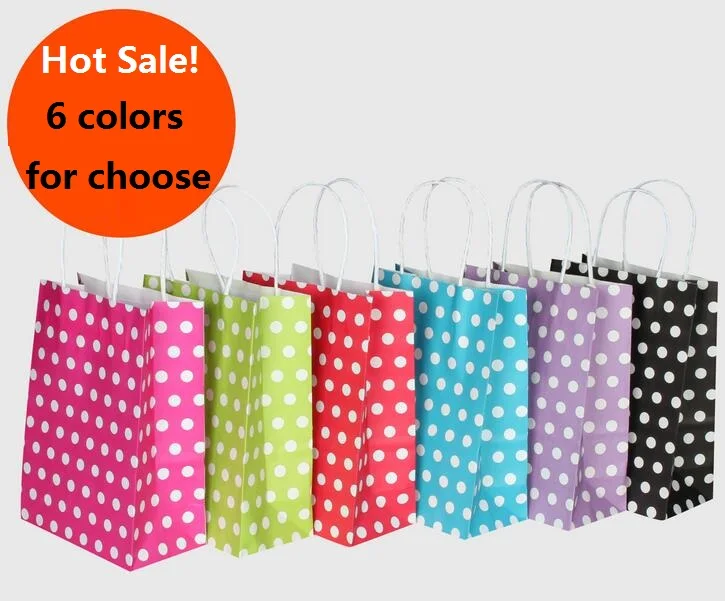 40PCS/lot Polka Dot kraft paper gift bag with handles 21*15*8cm Hotsale Festival gift bags DIY multifunction shopping bags