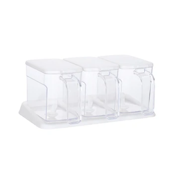 

3 In 1 Jar Storage Container With Spoons Sugar Cooking Clear Seasoning Box Condiment Kitchen Salt Cruet Restaurant Modern