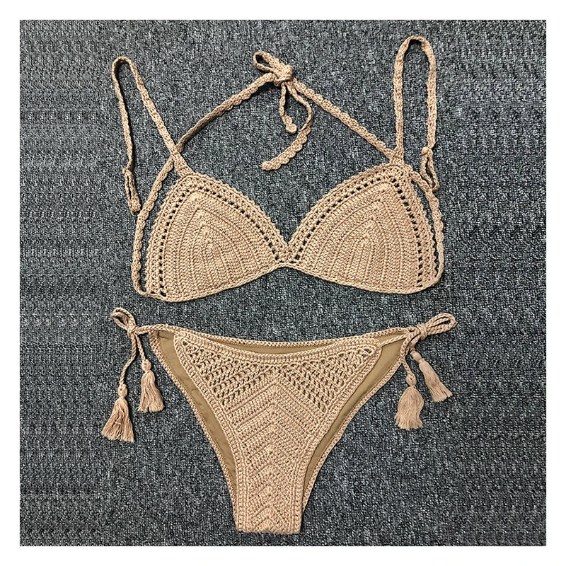 sexy bikini set Women Handmade Crochet Bikini Sets Triangle Hollow-out Top Sexy High Quality Cotton Swimsuits Khaki Color bathing suit sets