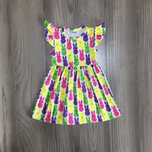 Новое поступление; пасхальное платье для маленьких девочек; сезон весна-лето; детская одежда; яркое платье из молочного шелка с короткими рукавами; платье до колен с кроликом