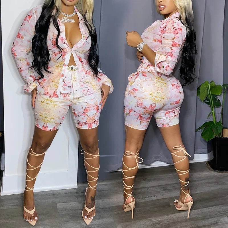 

Новинка 2021, Женский Повседневный костюм с шортами на раннюю осень, модная рубашка из двух частей с принтом в европейском и американском стиле