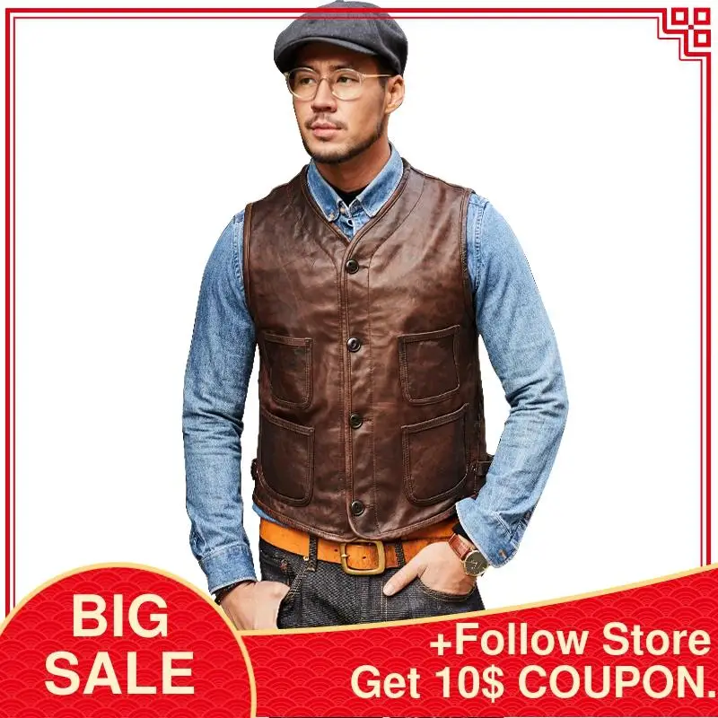 

2020 Vintage Brown Men Slim Fit Casual Leather Vest Single Breasted Plus Size XXXL Genuine Thin Sheepskin Spring Short Vest