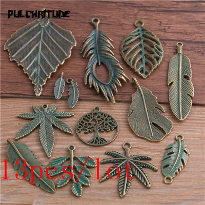 mix Pulchrode 13 стилей 2-30 шт Микс зеленый бронзовый металлический цинковый сплав Подвески в виде листьев подходят ювелирные изделия медицинский растительный кулон шармы задатки - Окраска металла: mix