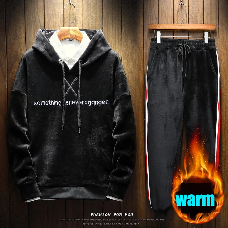

2 Pieces Set Men Tracksuits Winter Plus Golden Velvet Thick Warm Hooded Sweatshirt Hoodies Warm Boys Sports Casual Suits
