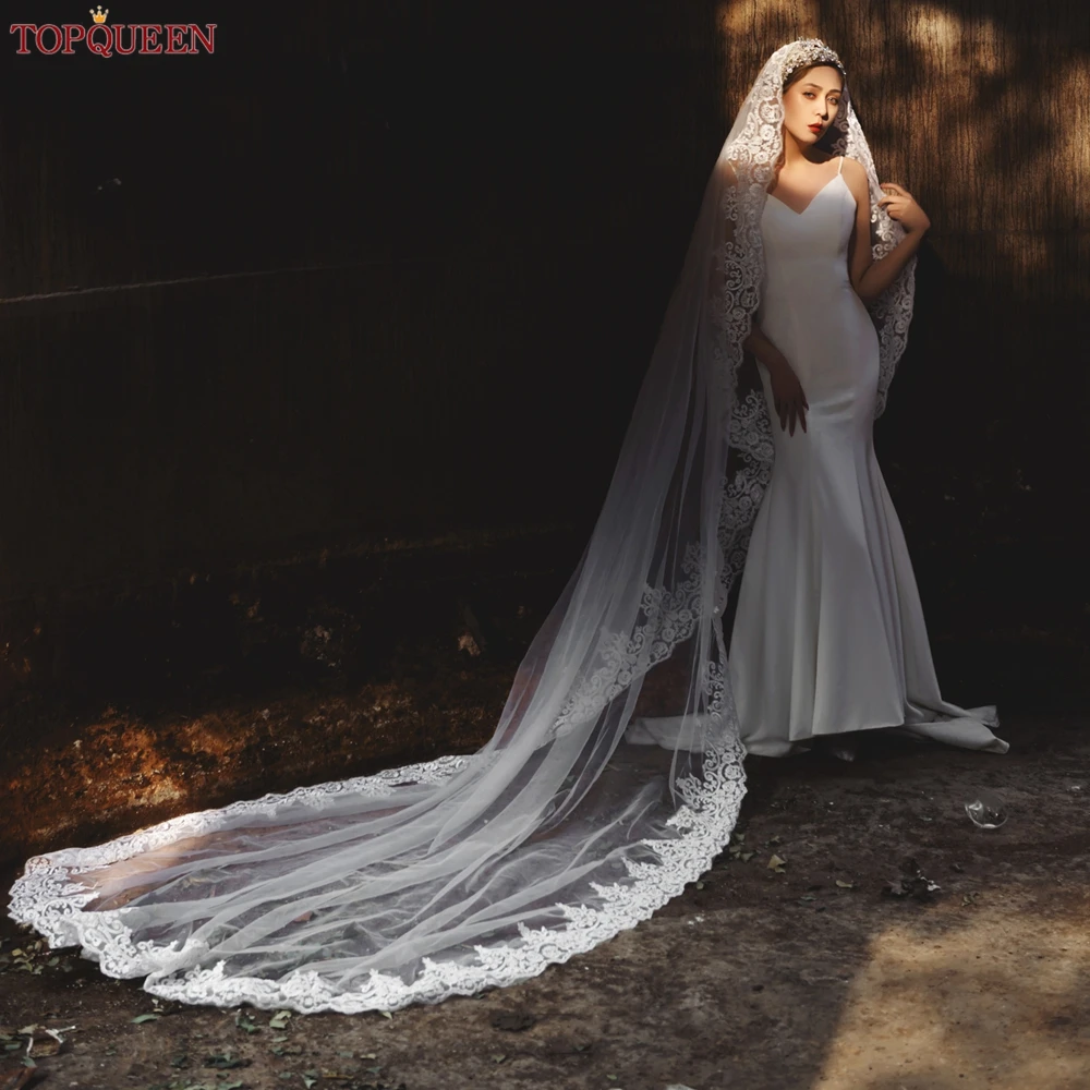 TOPQUEEN V68 Bridal Veils Long Cathedral Style Spanish Mantilla Lace Trim Wedding Veil Bridal Accessories 3M Long White Veu