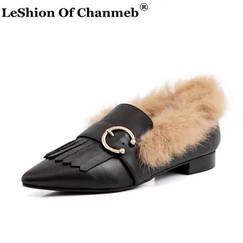 

Fashion Full Grain Leather Fur Loafers for Women Ladies Size 33-43 Pointed Toe Tassel Fringe Flats Real Rabbit Fur Casual Shoes