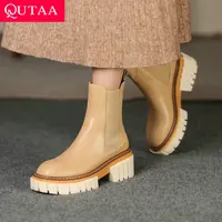 Qutaa 2022 genuíno couro plataforma ankle boots deslizamento em botas longas outono inverno chelsea botas femininas tamanho grande 34-39
