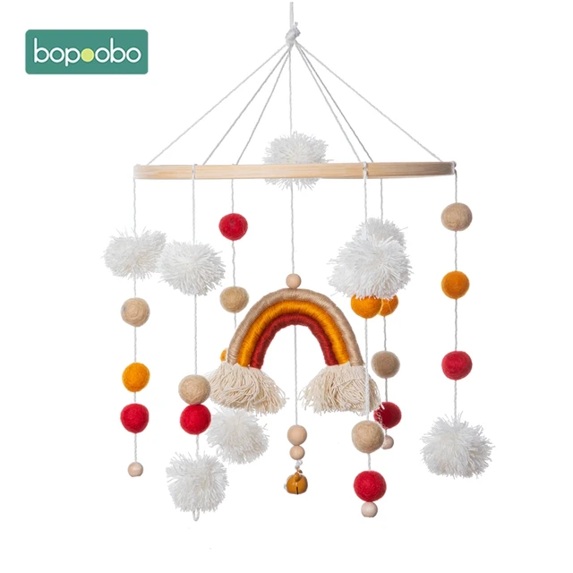 Bopoobo 1set Silicone Beads Baby Mobile Beech Wood Bird Rattles Wool Balls Kid Room Bed Hanging Decor Nursing Children Products Rainbow