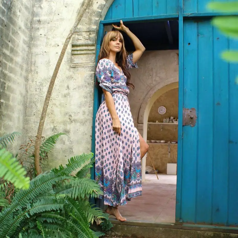 2020 Genuo Beach Long Dress Single Breasted Sexy Womens Bohemian Split Maxi Dress Boho Beachwear For Women