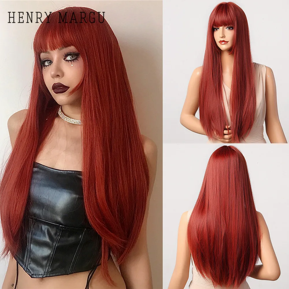 HENRY MARGU Orange Red Ombre Long Straight Wigs for Women Natural Synthetic Wigs With Bangs Cosplay Party Wigs Heat Resistant