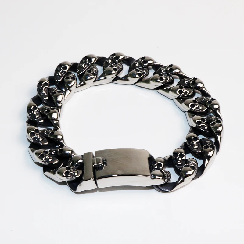 Винтажный мужской браслет из нержавеющей стали, серебряная цепочка, ювелирное изделие для мужчин, магнитная пряжка, ширина 15 мм, аксессуары в форме черепа VB792