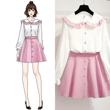 

2020 Autumn Full Sleeve Peter Pan Collar Cute Chiffon Blouse Single Breasted Mini Skirt Two Piece Casual Sweet Dress