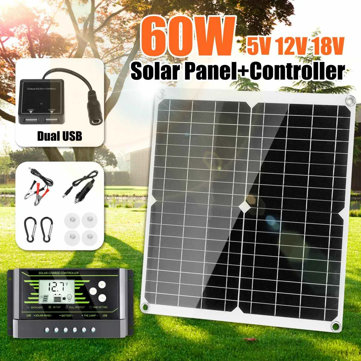 

60W 18V DC Mono Solar Panel Dual USB 12V/5V With 10/20/30D Controller Flexible Solar Charger For Car RV Boat Battery Charger