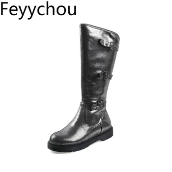 

Women's Boots Autumn Winter Warm Low Heel Round Toe Zip Knee High Motorcycle Shoes Pu Platform 2019 New Sexy Fashion Silver