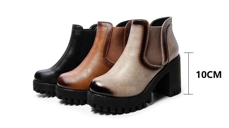 Натуральная кожа Для женщин сапоги ботильоны на платформе и толстом каблуке для Для женщин ботинки на высоком каблуке квадратной формы черного цвета женская зимняя обувь; Botas