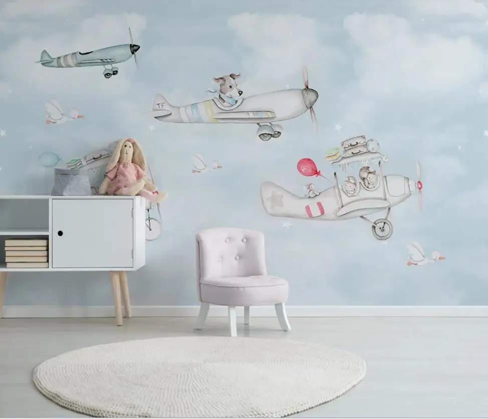 

Customized large wallpaper Nordic minimalist hand-painted cartoon animal plane children's room background wall