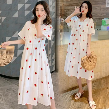 

2pcs Set Summer Maternity Dress Pregnant Mother Dresses Loose Floral Print Short Sleeve Clothing For Women Pregnance Clothes