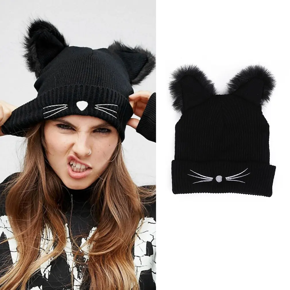 Women Cute Cat Ears Black Knitted Winter Warm Hat Pompom Caps Female Bonnet Polyester Braided Hat For Dropshipping