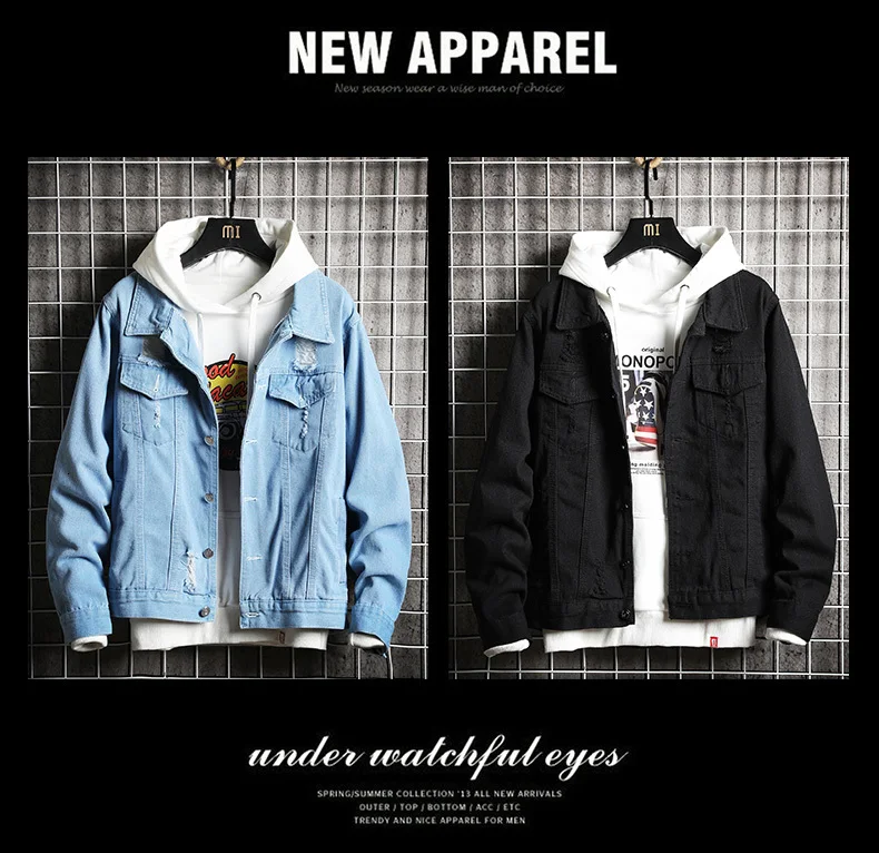 Autumn Hole Denim Jacket Men's Fashion Wash Solid Color Casual Denim Jackets Men Streetwear Hip Hop Bomber Jacket Mens M-5XL