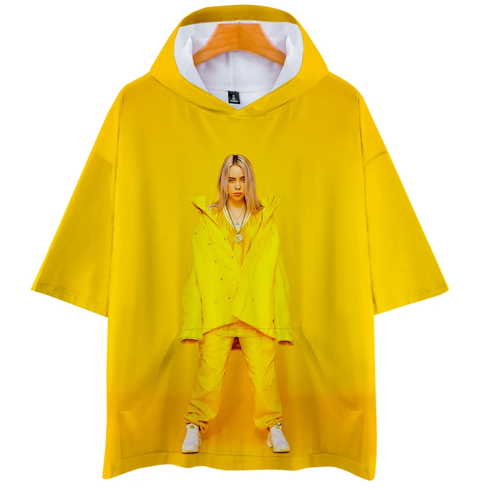 Billie Eilish футболка с капюшоном Женская/мужская летняя/Весенняя новая футболка Свободная крутая дышащая футболка с коротким рукавом с капюшоном модная футболка в стиле панк