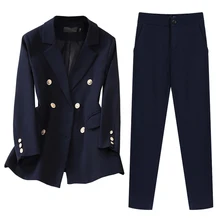 

2021 New Elegant Office Work Wear Pant Suits OL 2 Piece Sets Double Breasted Blazer Jacket & Trousers Suit For Women Set S-5XL