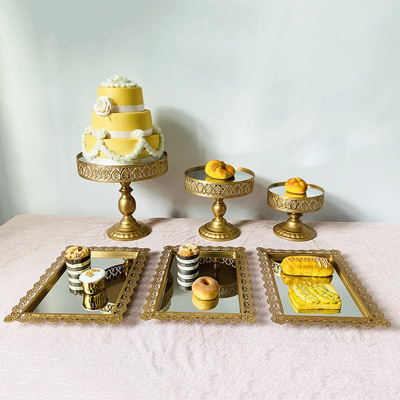 Золотые прямоугольные лотки с круглой зеркальной поверхностью для десертного стола, форма для кекса, дня рождения, свадьбы