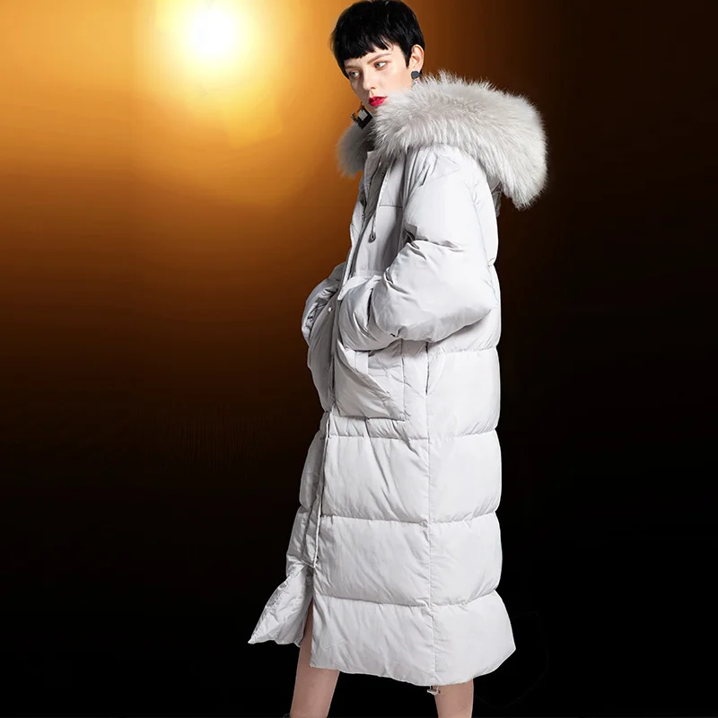 

Women's Winter Down Jacket Long Coat Korean 90% White Duck Down Coats Puffer Jacket Big Raccoon Fur Collar 182010 J2806