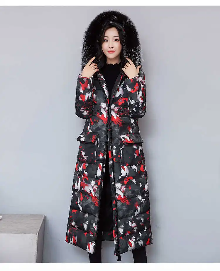 Женская зимняя длинная парка, пальто, куртка с меховым воротником, Abrigos Mujer Invierno, с капюшоном, с цветочным принтом, хлопковая камуфляжная верхняя одежда, Wakeey